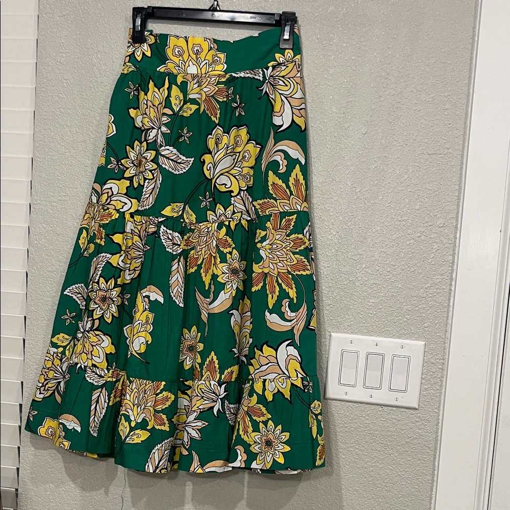 Gibson Latimer A-Line Skirt in Green with Yellow Floral